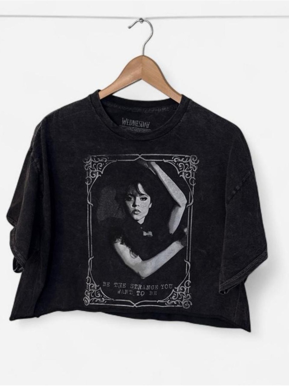 Black Acid Wash Wednesday Addams Graphic Crop Tee L Punk Whimsigoth Halloween 🎃